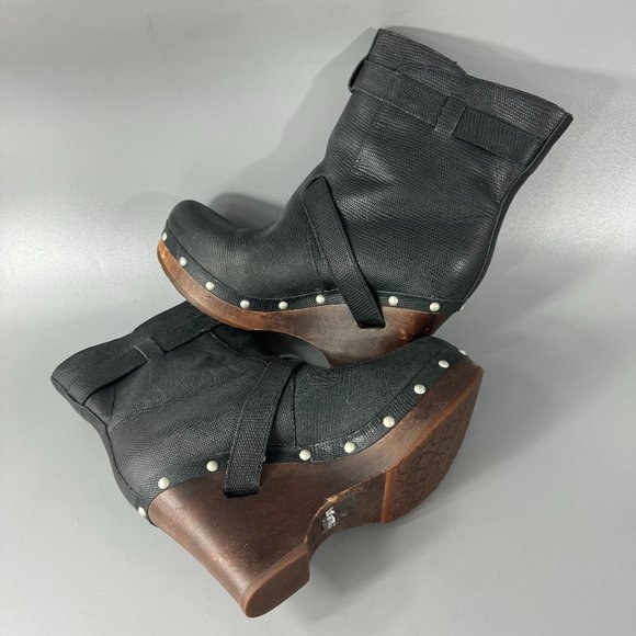 UGG Black Leather "Taryn" Wooden Wedge Mid Calf Boots, Size 7 - Picture 8 of 13